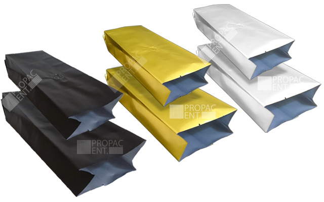 center sealed gusset pouch valve aluminium matte & glossy (gold white & black)